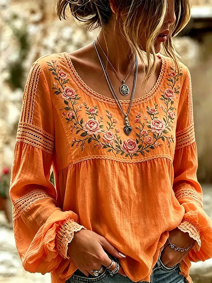 Embroidered Linen Blouse with Long Sleeves in orange