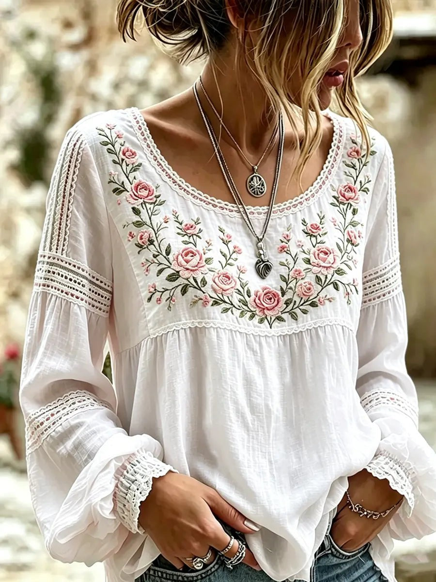 Embroidered Linen Blouse with Long Sleeves in white
