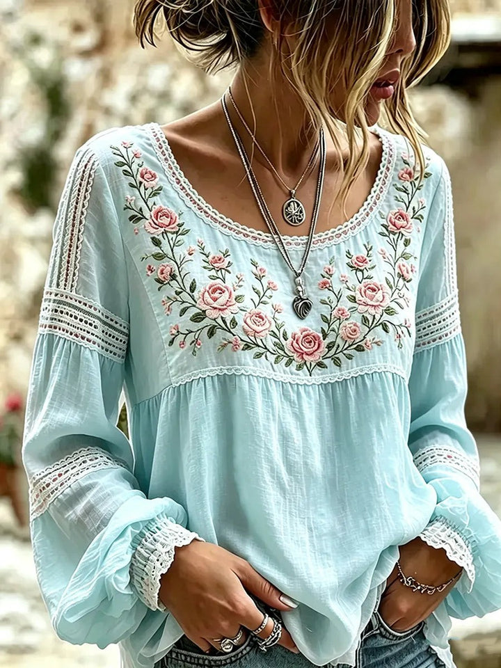 Embroidered Linen Blouse with Long Sleeves in mint blue