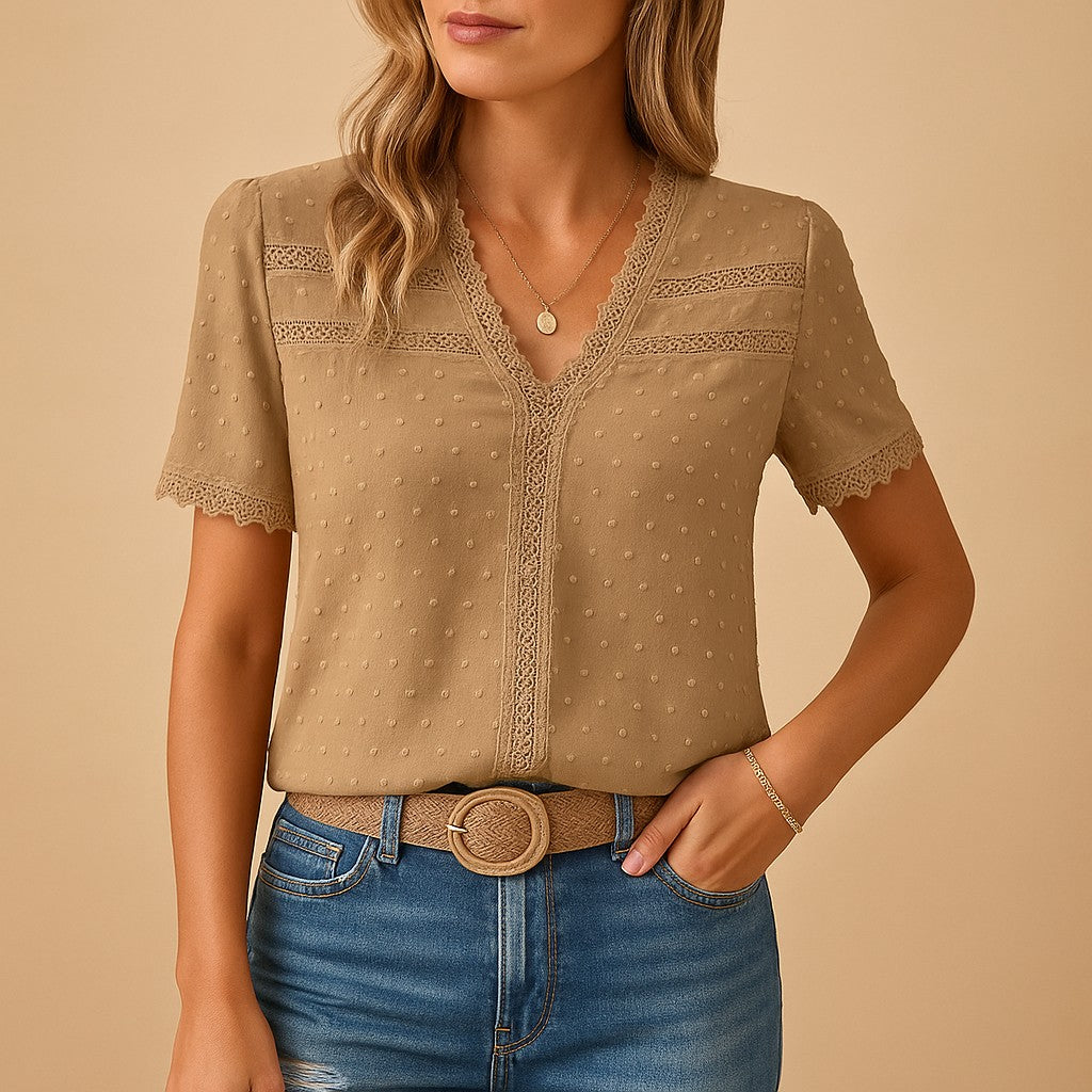 V Neck Blouse with Lace Trim in khaki