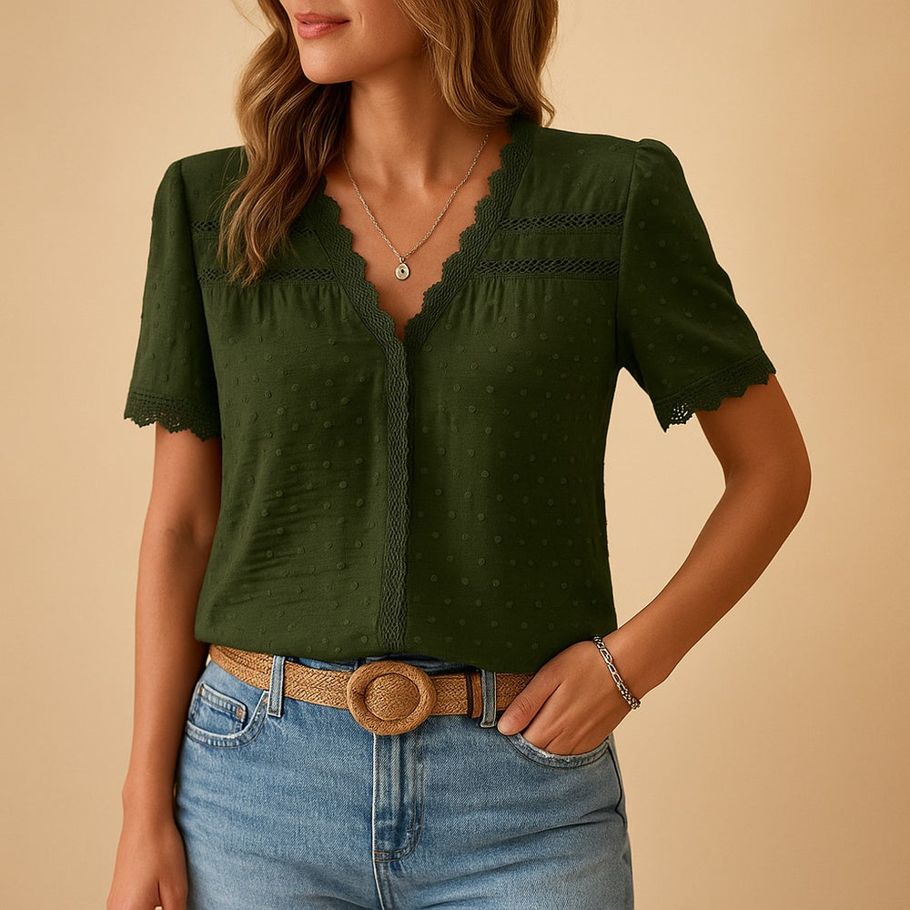 V Neck Blouse with Lace Trim in army green