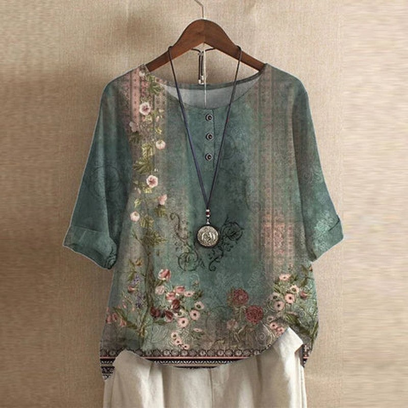 Vintage Floral Print Blouse in green