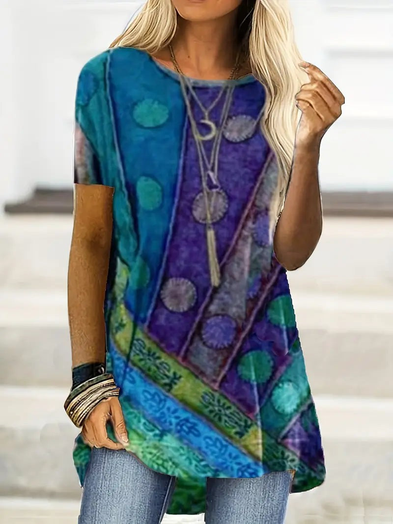 Artistic Print Tunic Top with Short Sleeves in blue