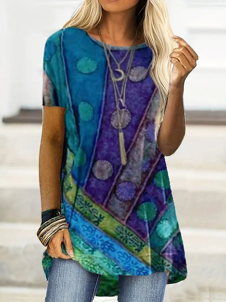Artistic Print Tunic Top with Short Sleeves in blue