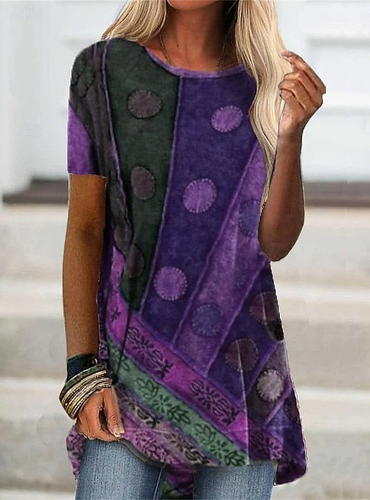 Artistic Print Tunic Top with Short Sleeves in purple