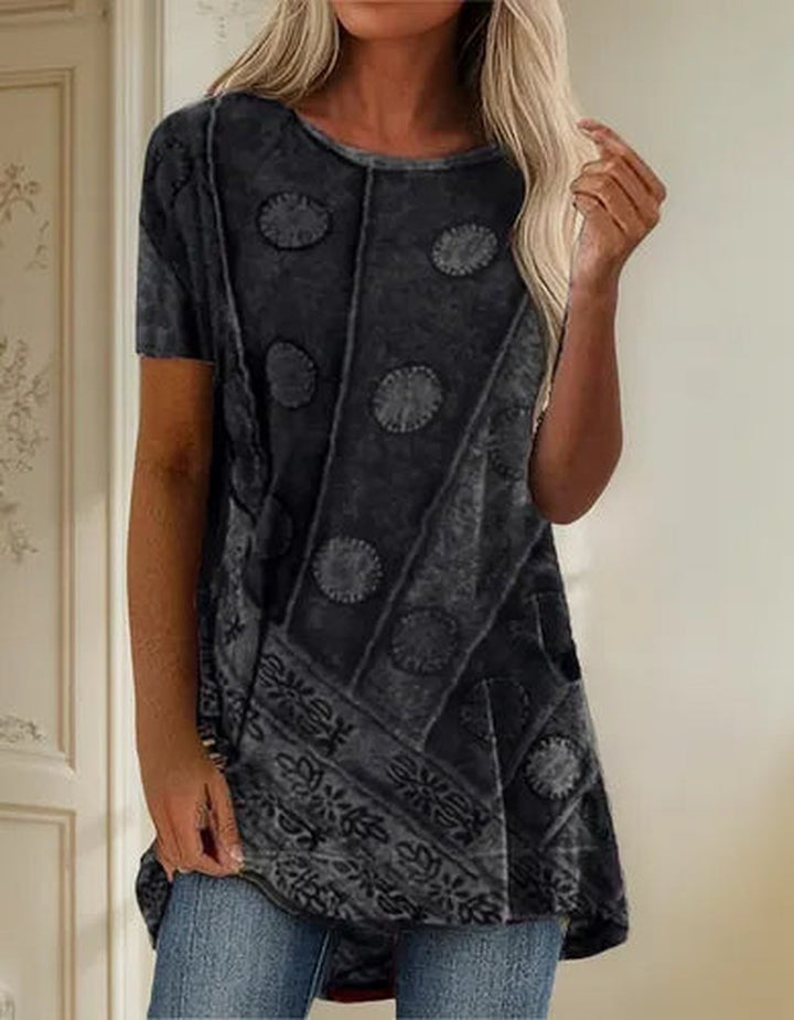 Artistic Print Tunic Top with Short Sleeves in grey
