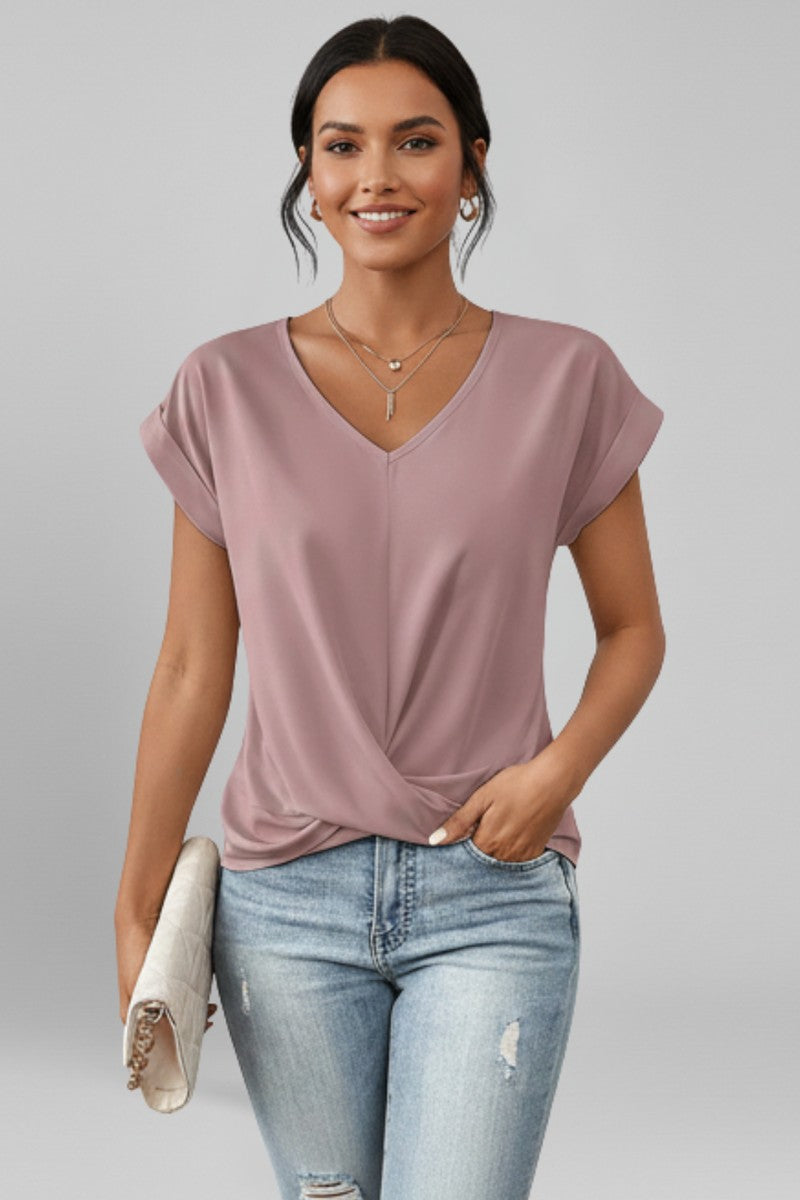 V Neck Blouse with Short Sleeves in pink