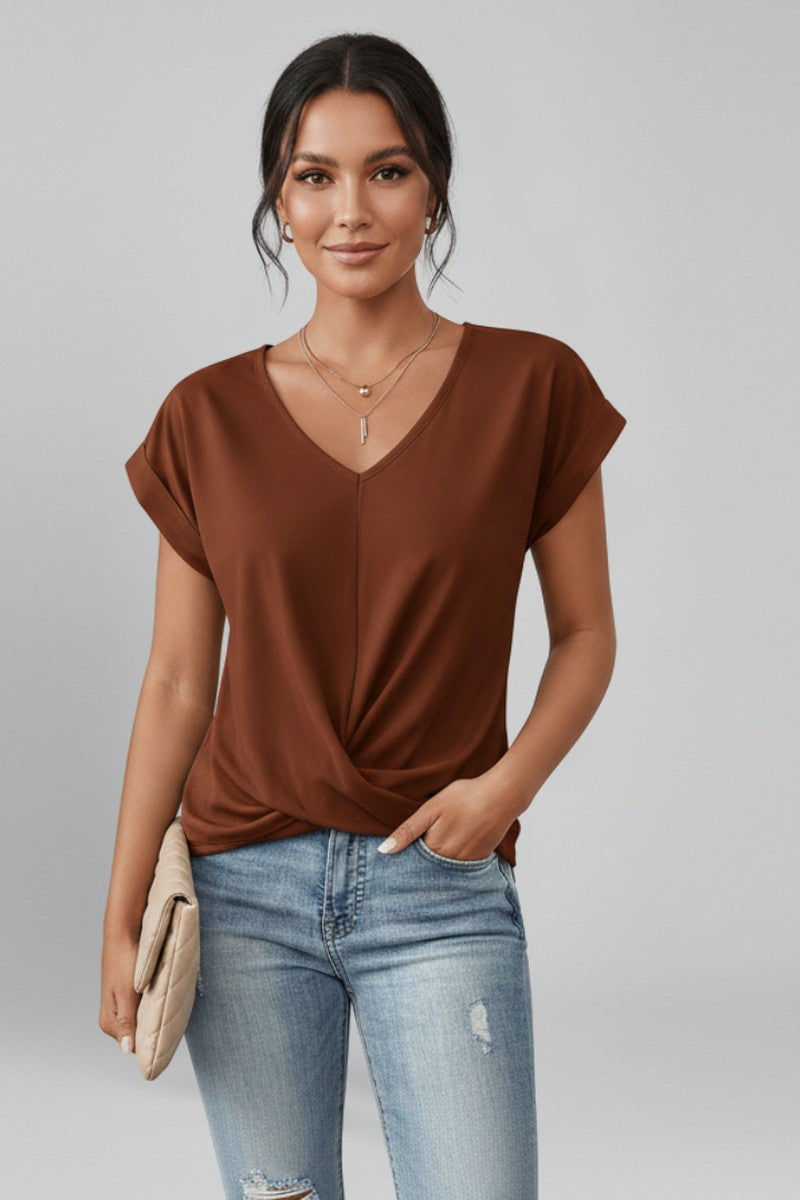 V Neck Blouse with Short Sleeves in red