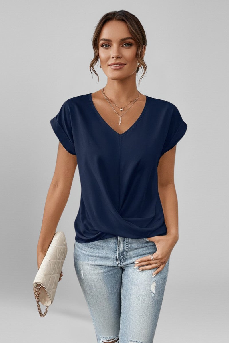 V Neck Blouse with Short Sleeves in blue