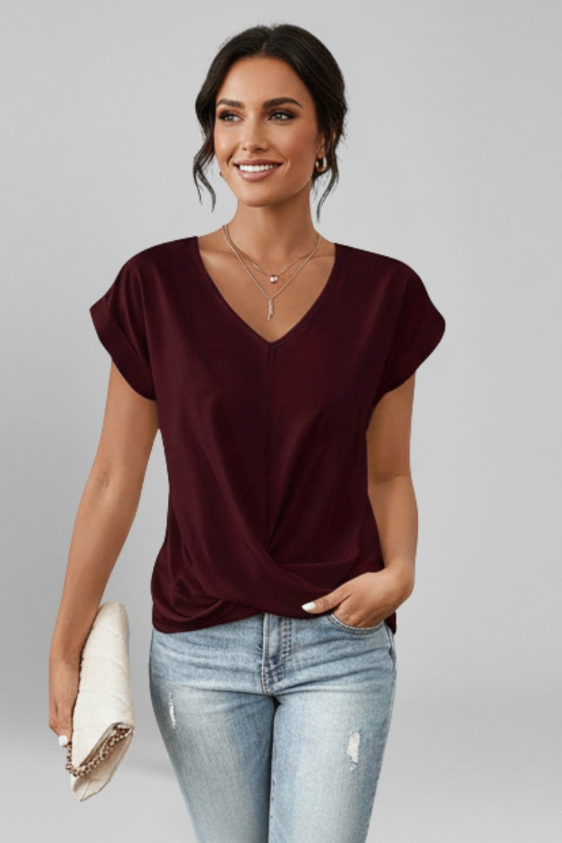 V Neck Blouse with Short Sleeves in burgundy