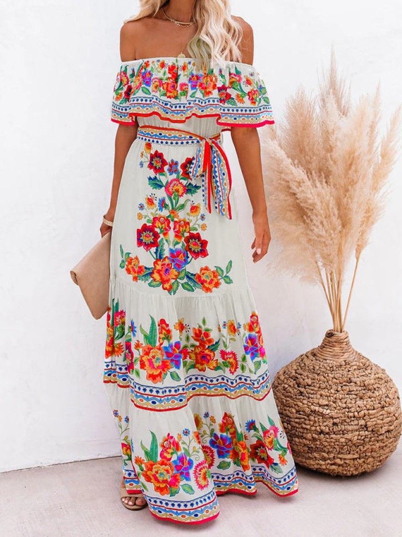 Kiara — Floral Linen Off Shoulder Maxi Dress for Women