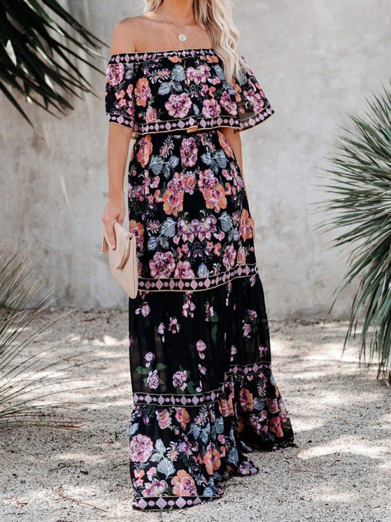 Kiara — Floral Linen Off Shoulder Maxi Dress for Women