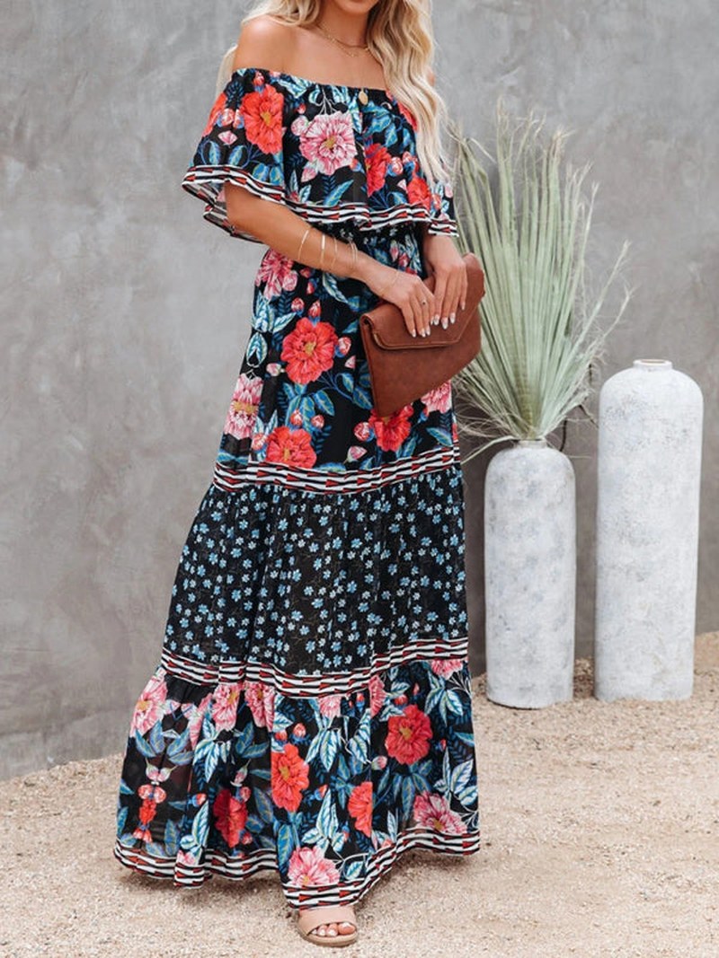 Kiara — Floral Linen Off Shoulder Maxi Dress for Women