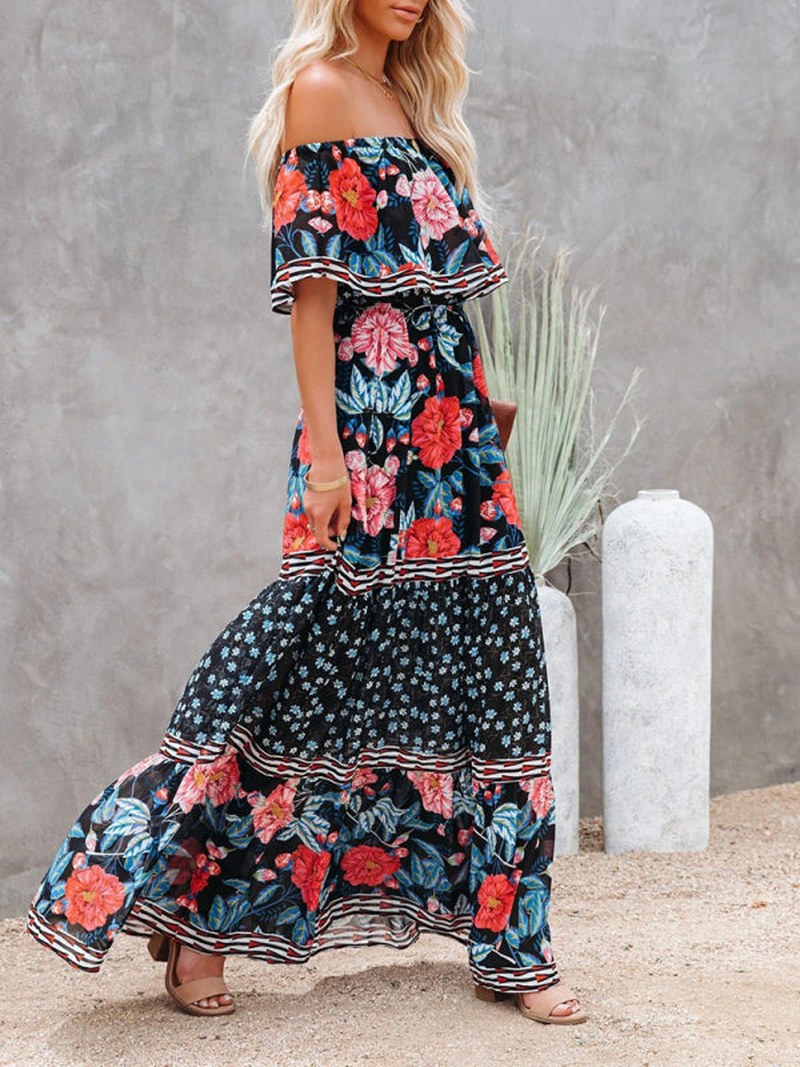 Kiara — Floral Linen Off Shoulder Maxi Dress for Women