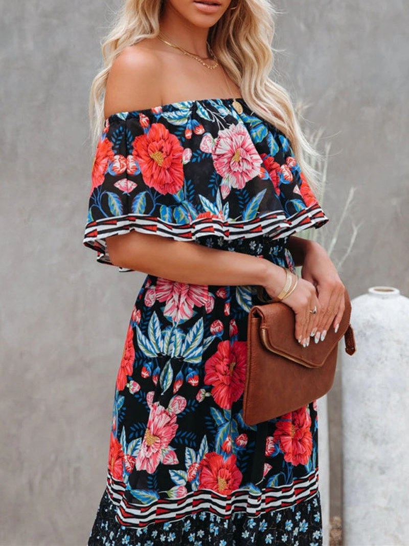 Kiara — Floral Linen Off Shoulder Maxi Dress for Women