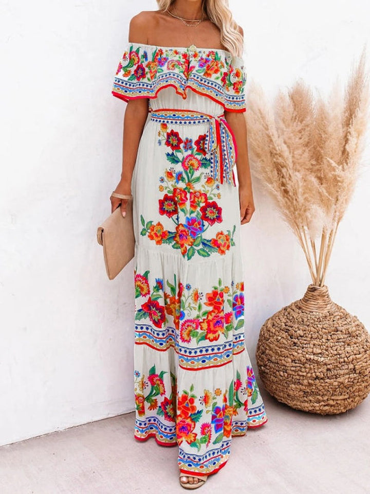 Kiara — Floral Linen Off Shoulder Maxi Dress for Women