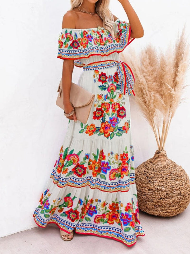 Kiara — Floral Linen Off Shoulder Maxi Dress for Women