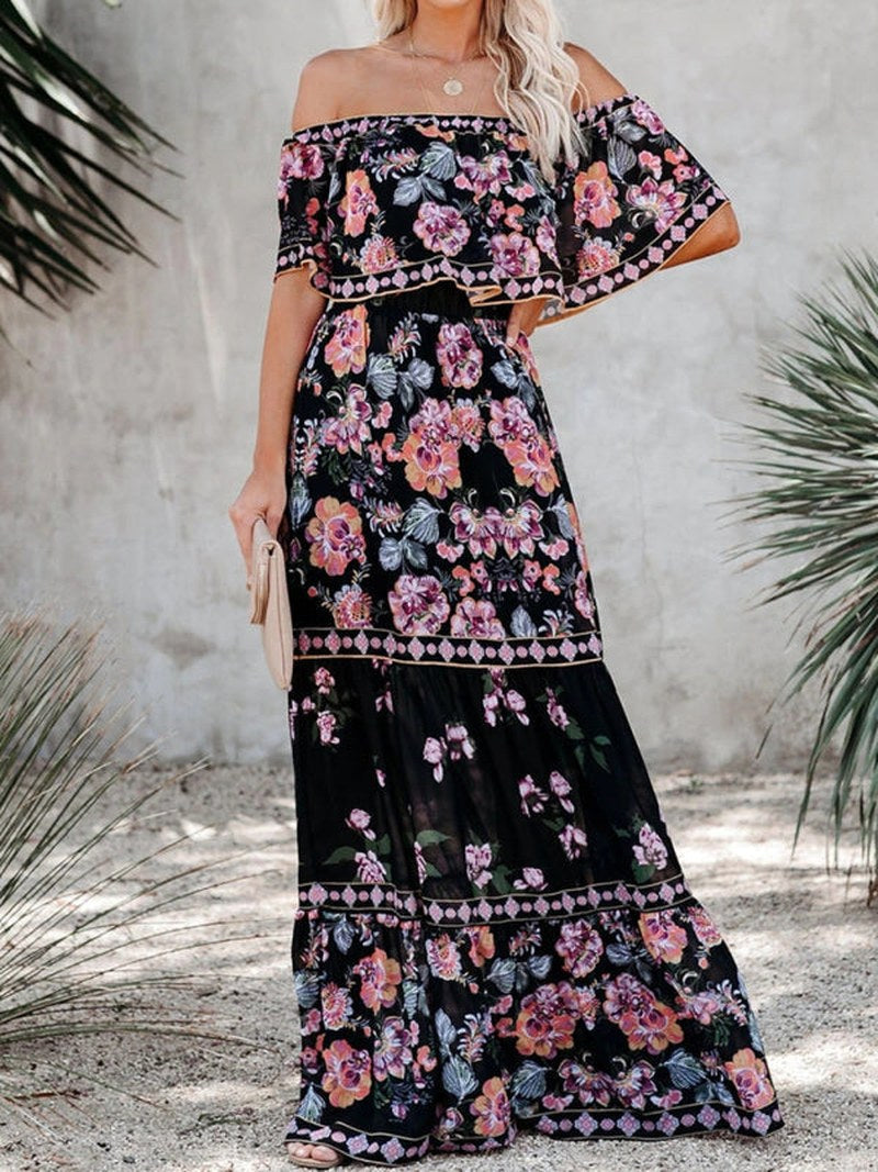Kiara — Floral Linen Off Shoulder Maxi Dress for Women