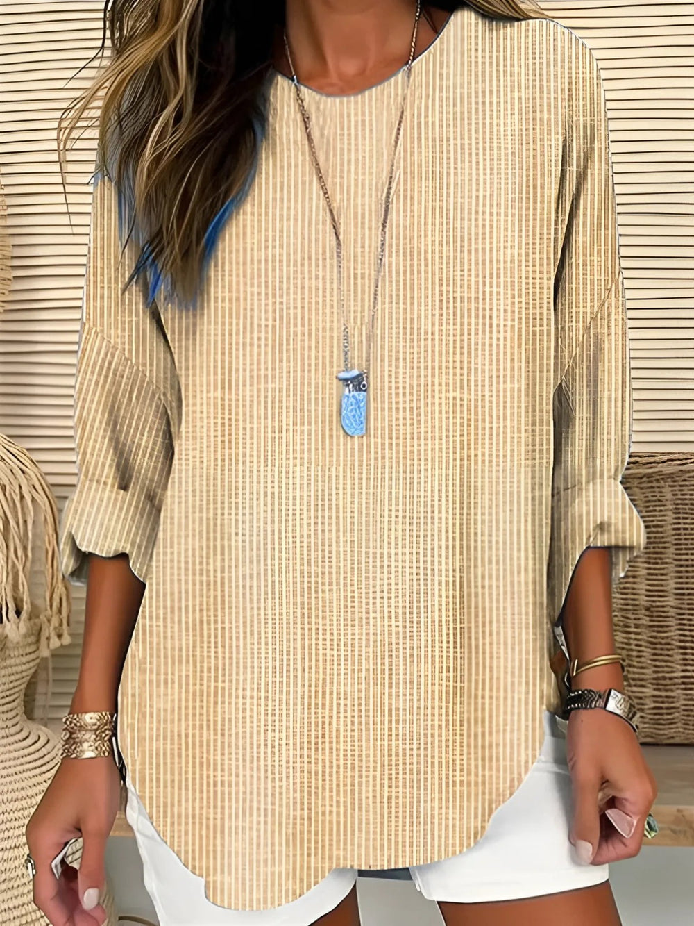 Striped Long Sleeve Blouse in khaki