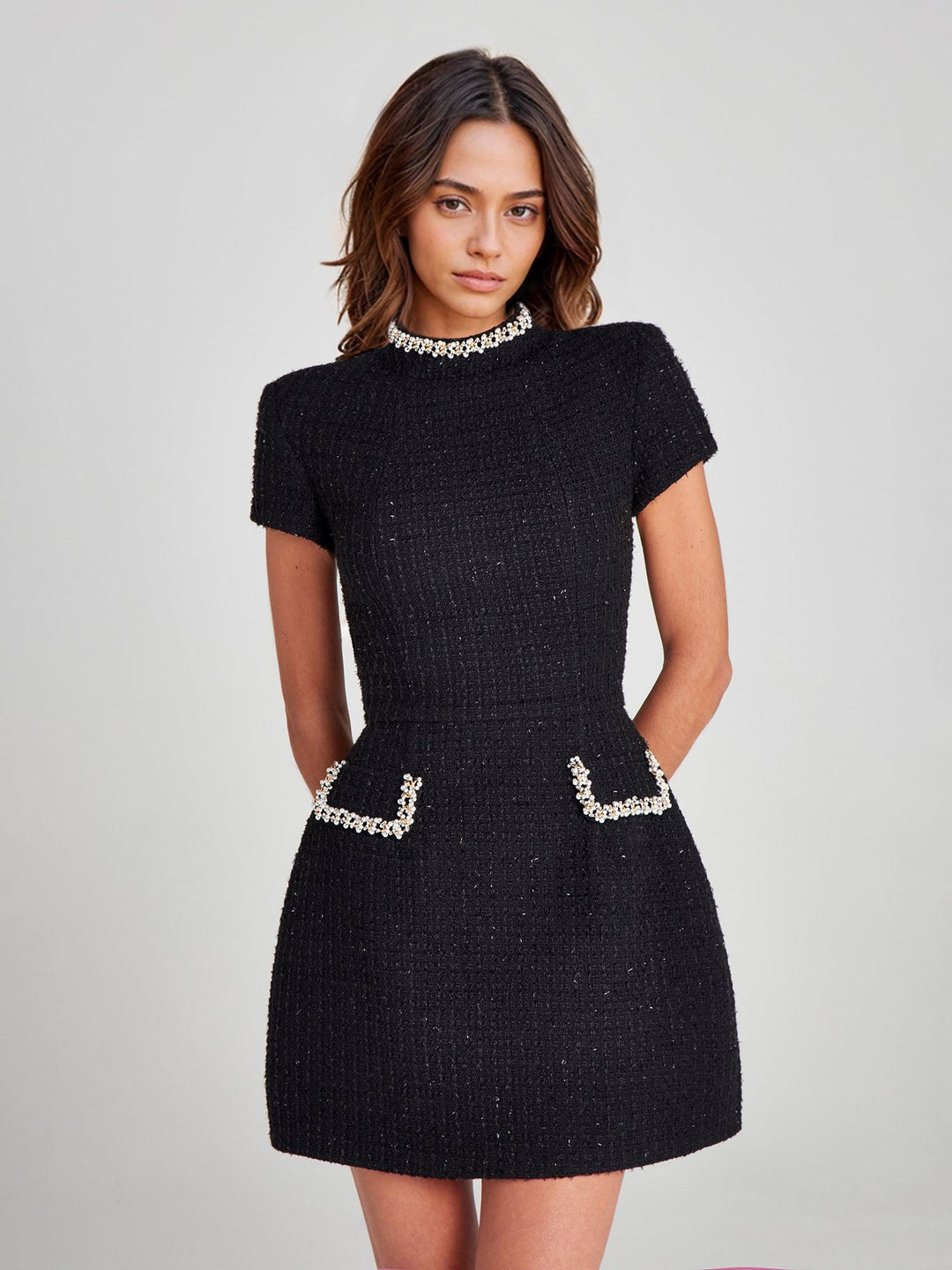Genevieve — Pearl Trim Textured Mini Dress (5), Avelony