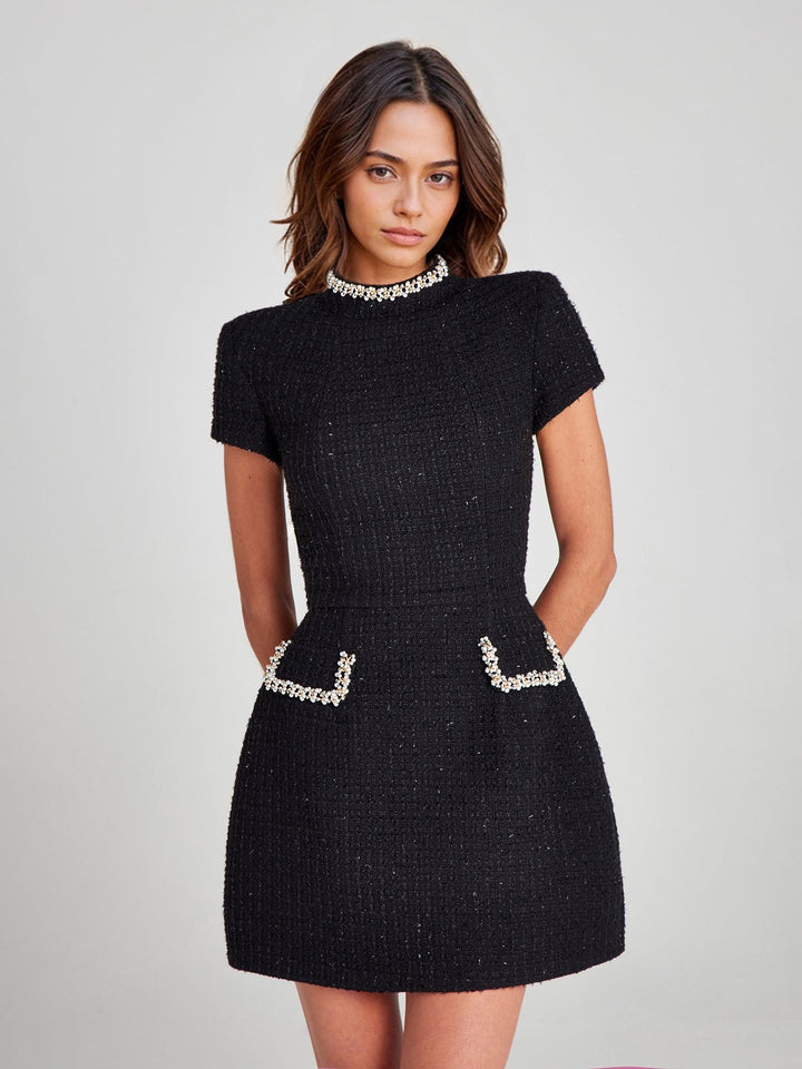 Genevieve — Pearl Trim Textured Mini Dress (5), Avelony