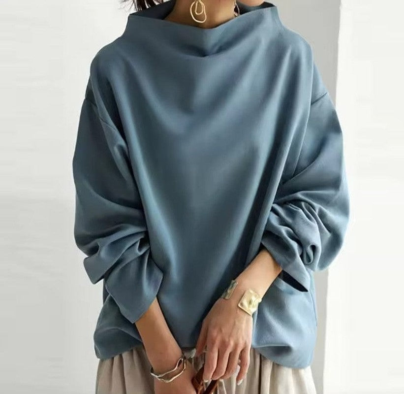 High Neck Top with Draped Neckline in blue