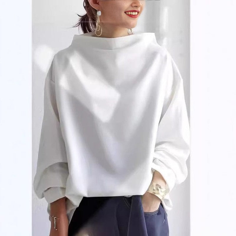 High Neck Top with Draped Neckline in white