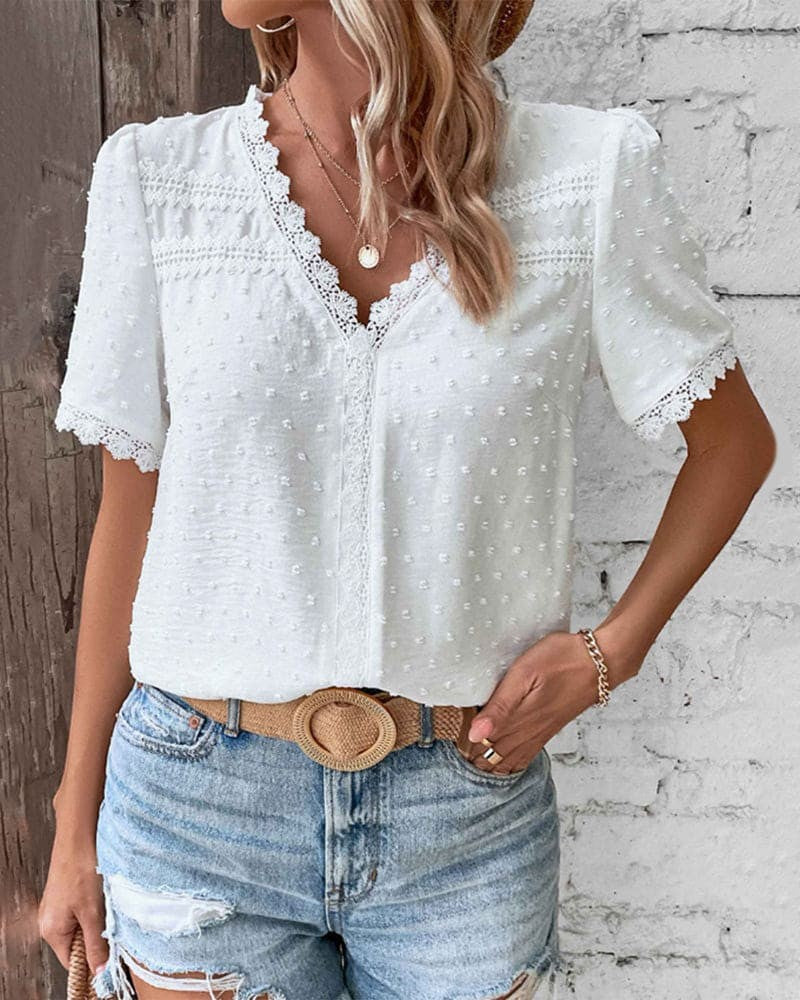 Swiss Dot Blouse with Lace Trim V Neck in white