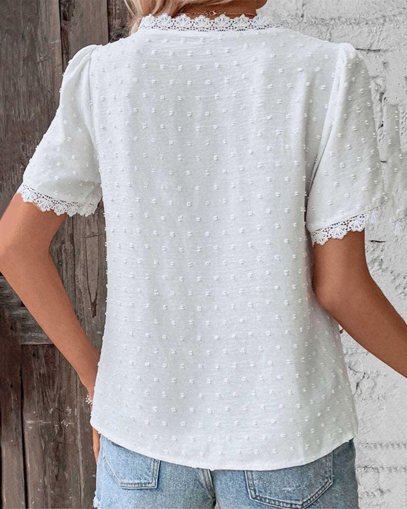 Swiss Dot Blouse with Lace Trim V Neck
