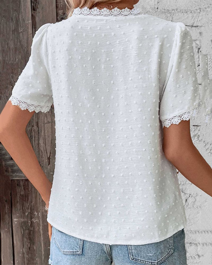 Swiss Dot Blouse with Lace Trim V Neck