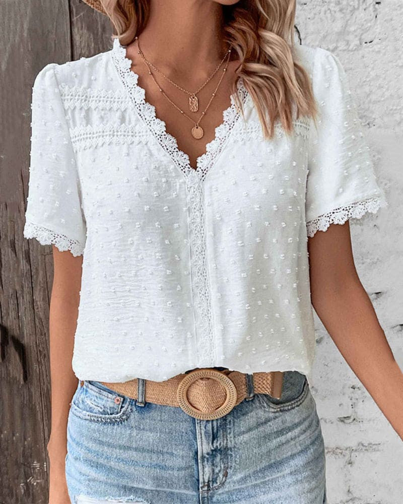 Swiss Dot Blouse with Lace Trim V Neck