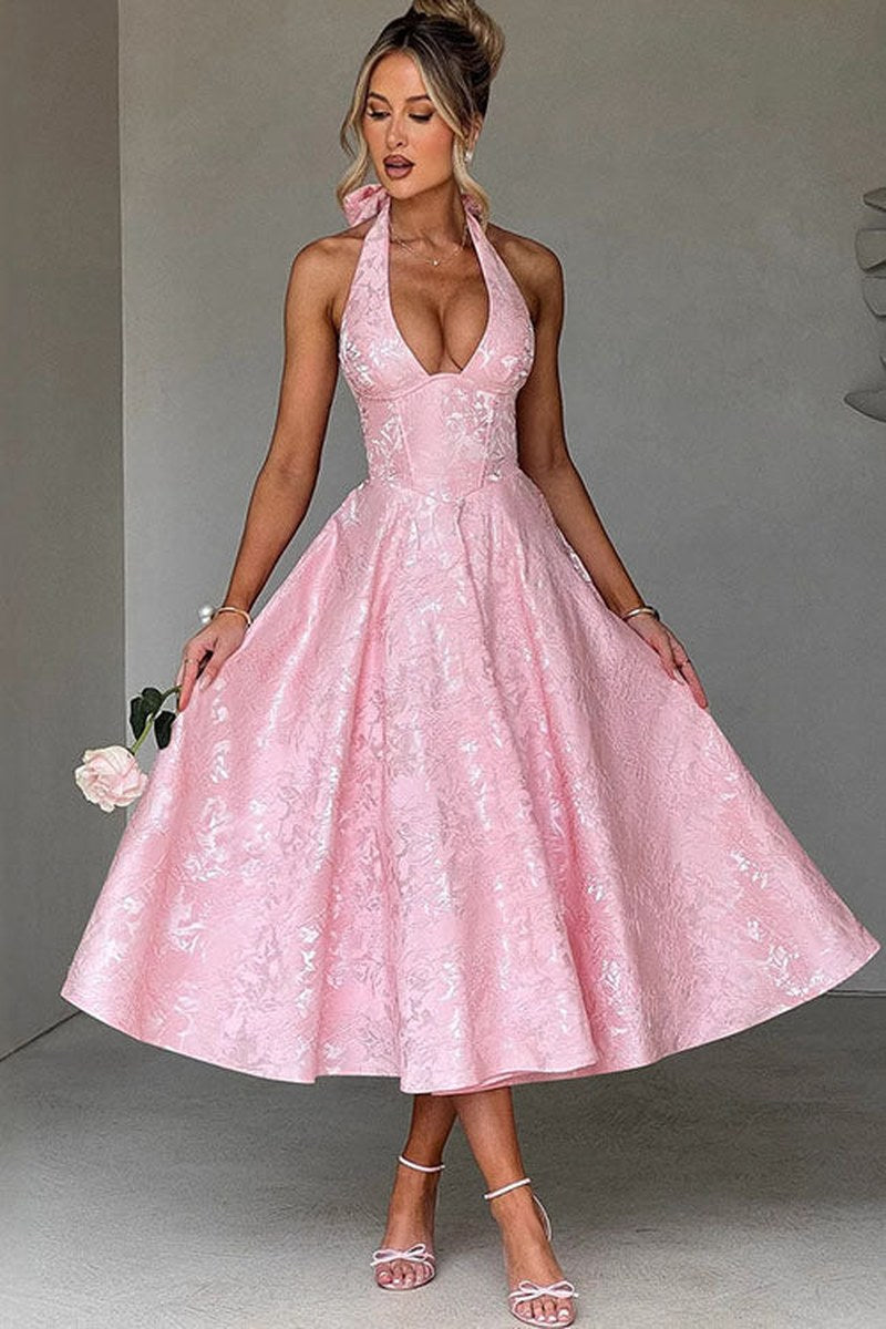 Harlow — Halter Neck Floral Midi Dress for Women