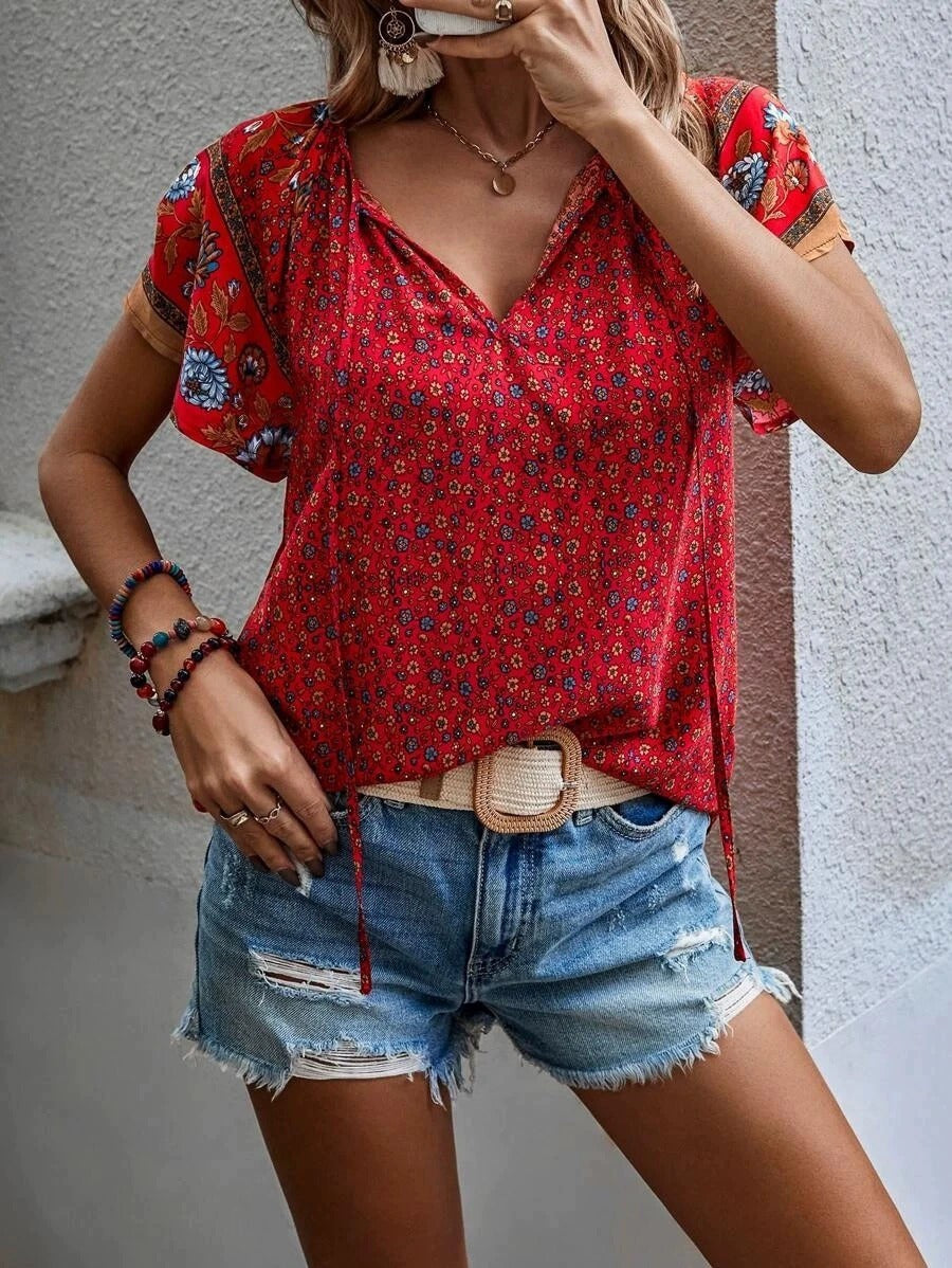 Floral V Neck Top with Contrast Sleeves in red