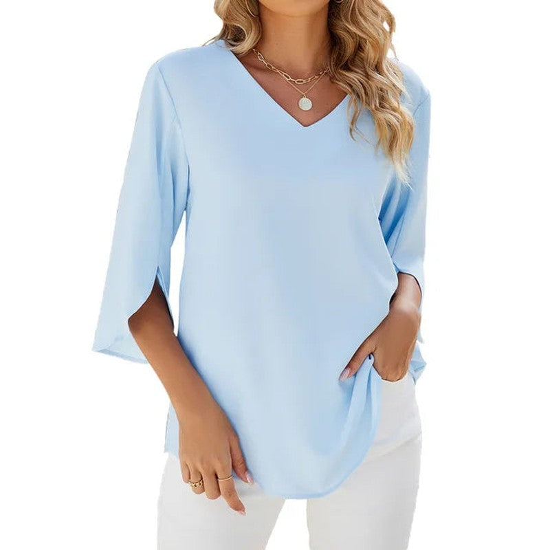 Relaxed V Neck Blouse for Summer in blue