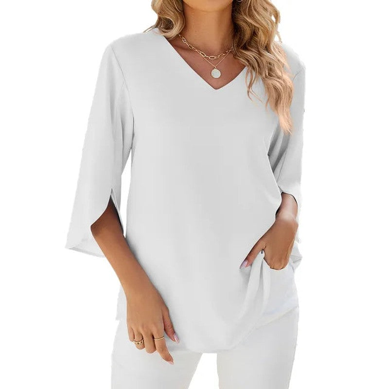 Relaxed V Neck Blouse for Summer in white