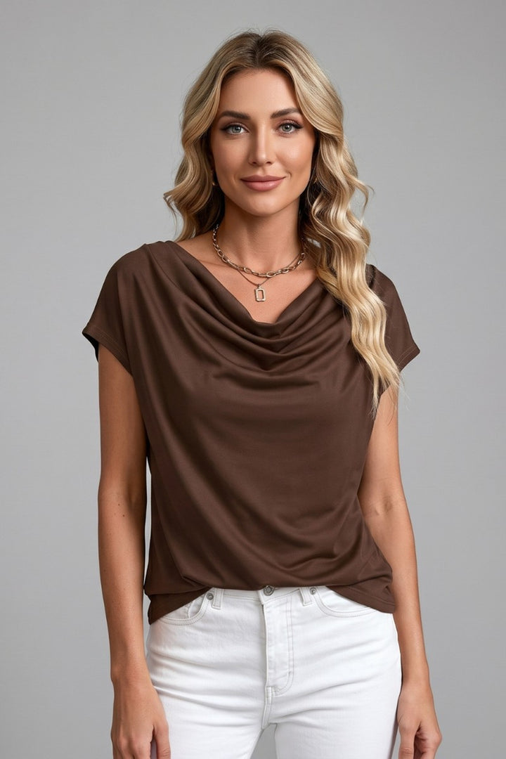 Cowl Neck Blouse with Draped Front in brown