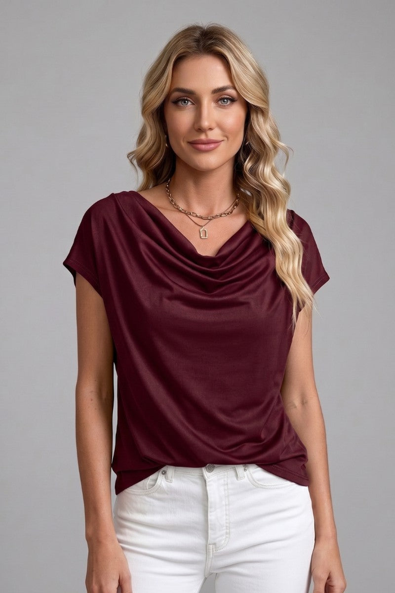 Cowl Neck Blouse with Draped Front in burgundy