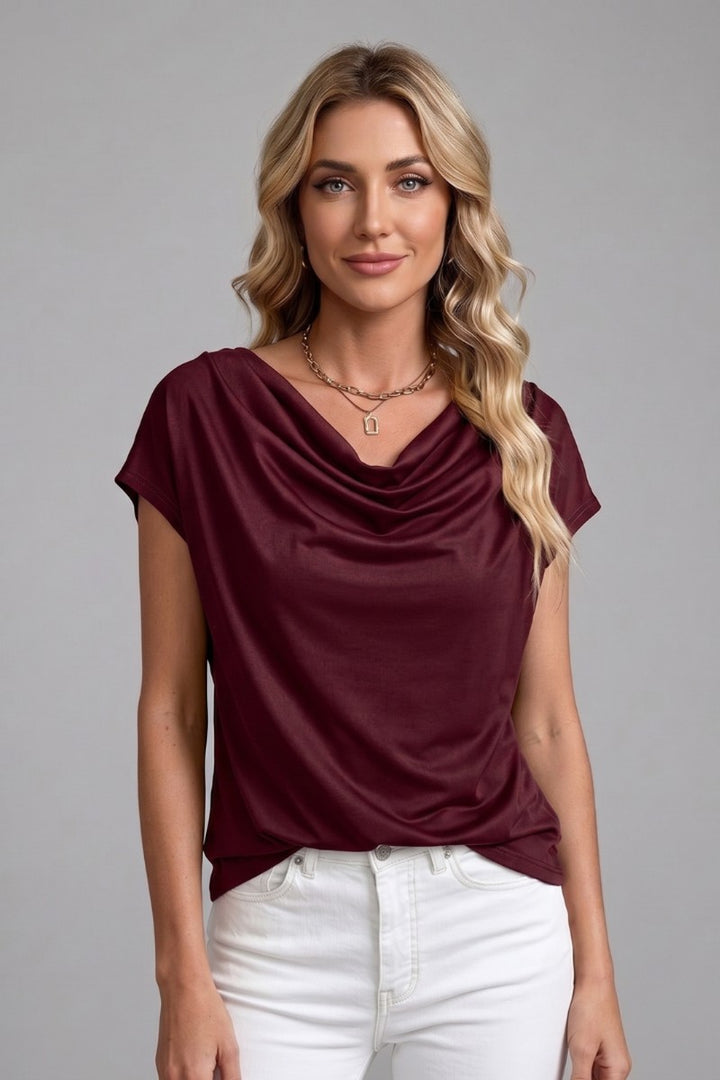Cowl Neck Blouse with Draped Front in burgundy