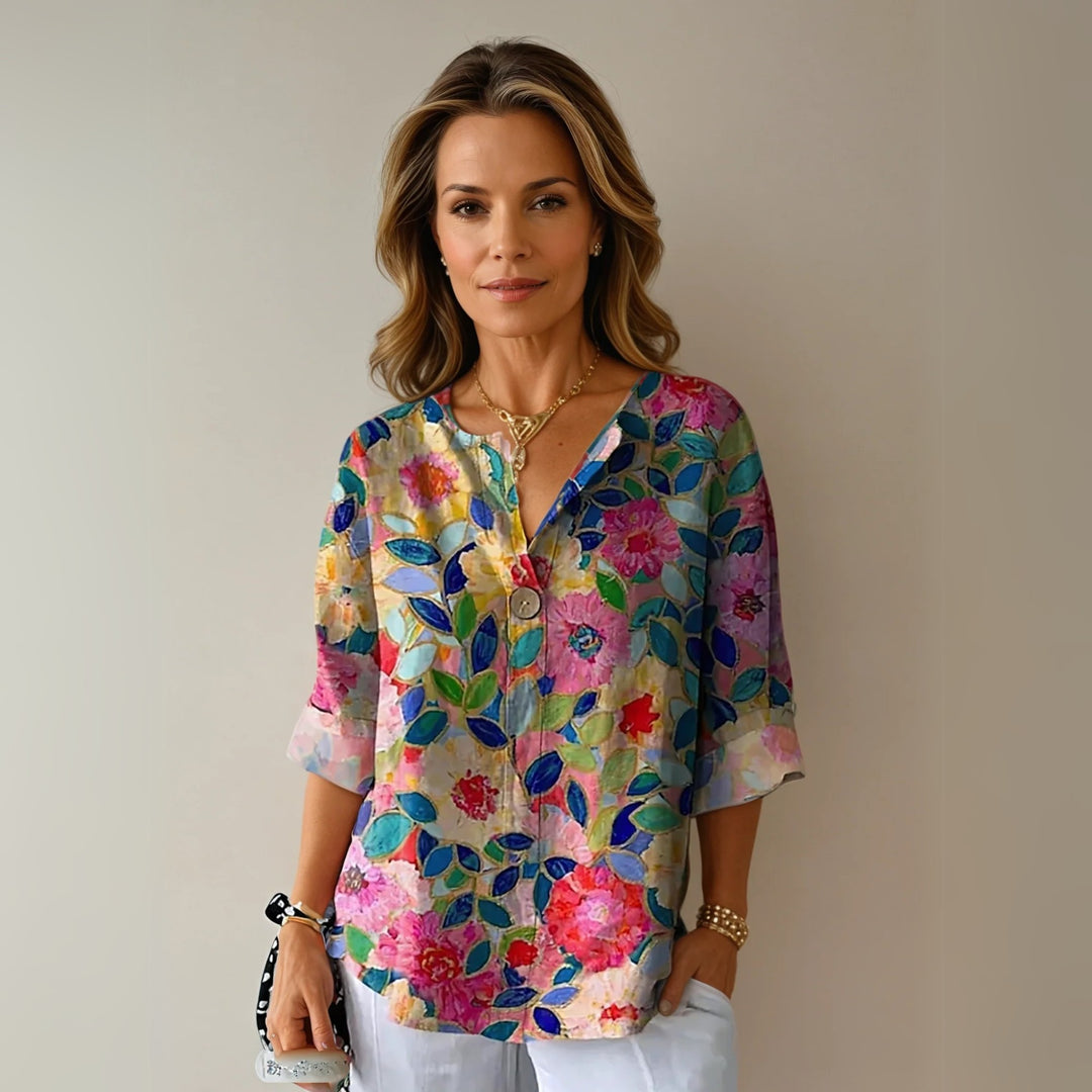 Floral V Neck Summer Blouse in blue - pink - red