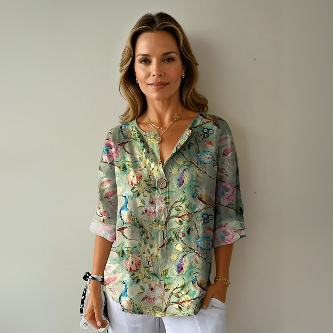 Floral V Neck Summer Blouse in green