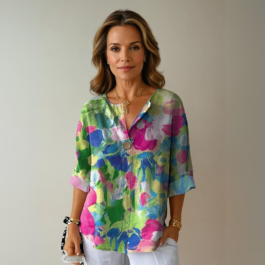 Floral V Neck Summer Blouse in green - pink