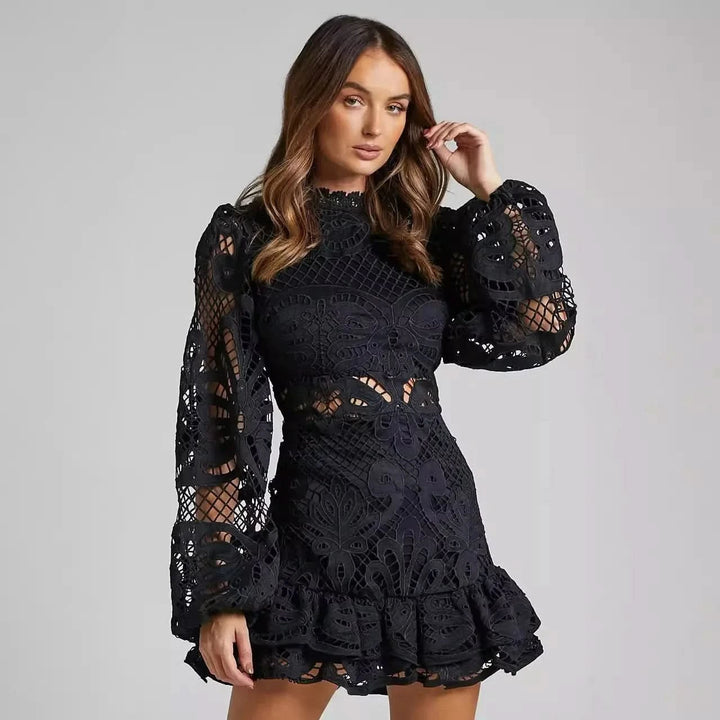 Willa — Lace Trim Long Sleeve Mini Dress for Women