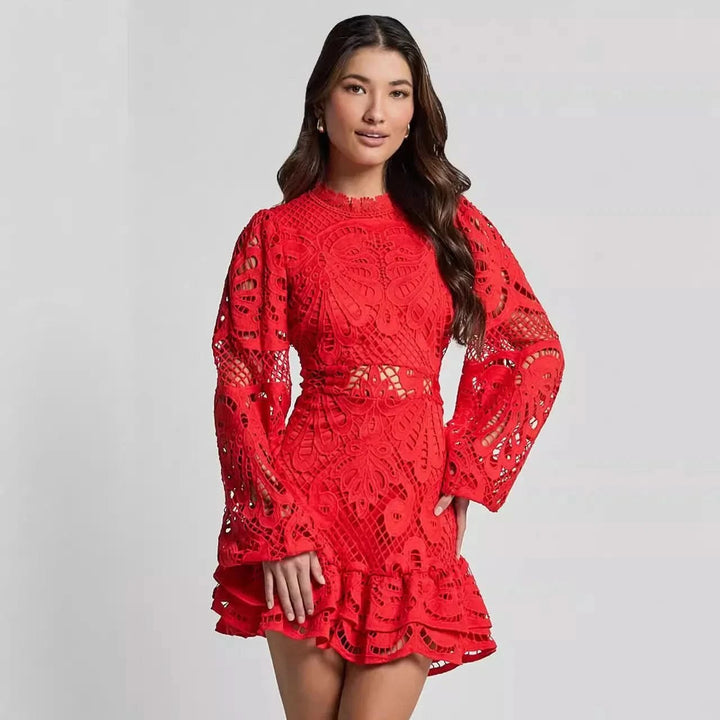 Willa — Lace Trim Long Sleeve Mini Dress for Women