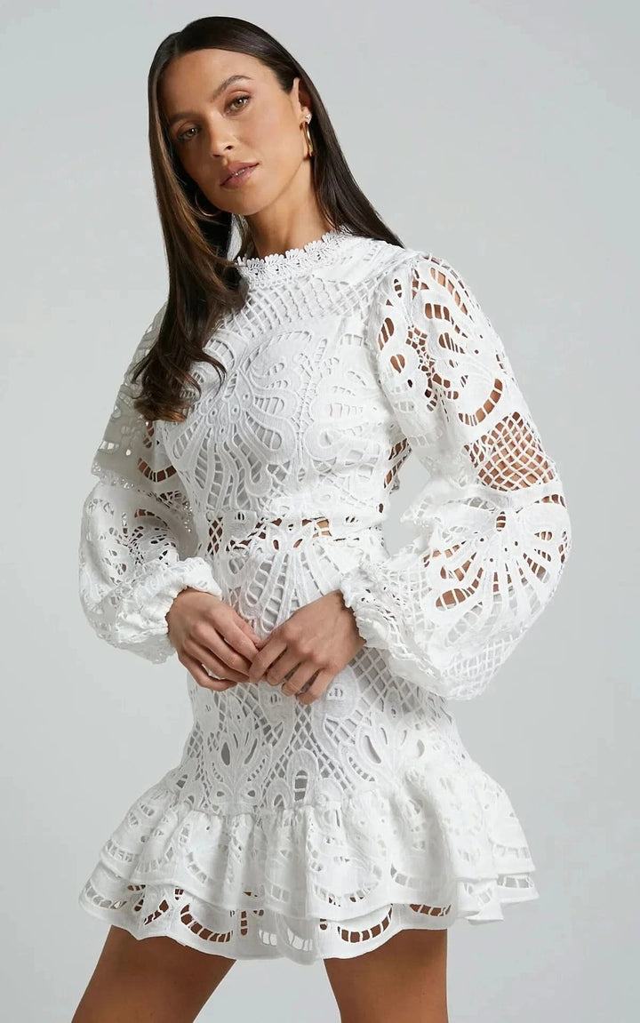 Willa — Lace Trim Long Sleeve Mini Dress for Women