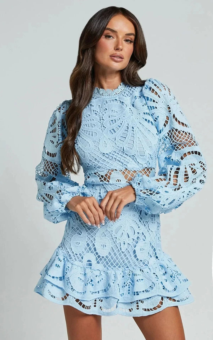 Willa — Lace Trim Long Sleeve Mini Dress for Women