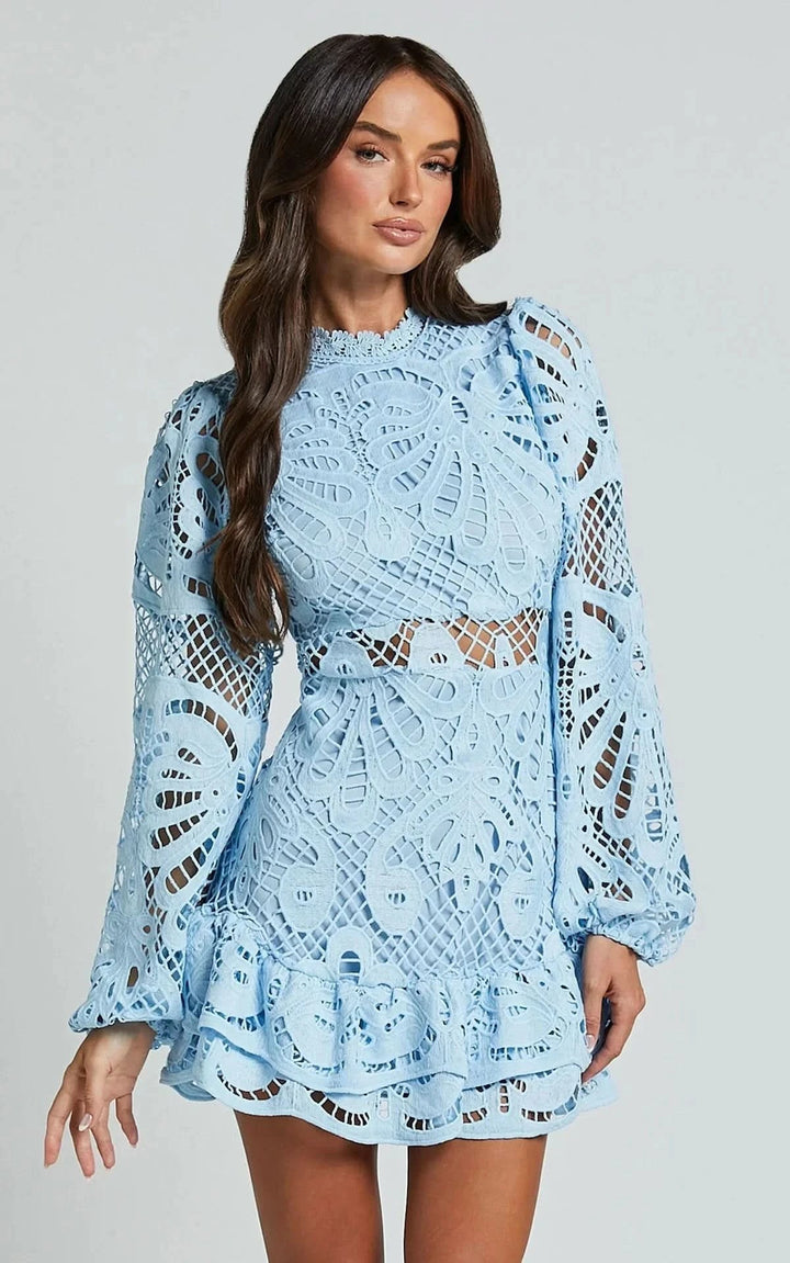 Willa — Lace Trim Long Sleeve Mini Dress for Women