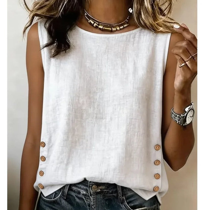 Linen Tank Top with Side Buttons in white
