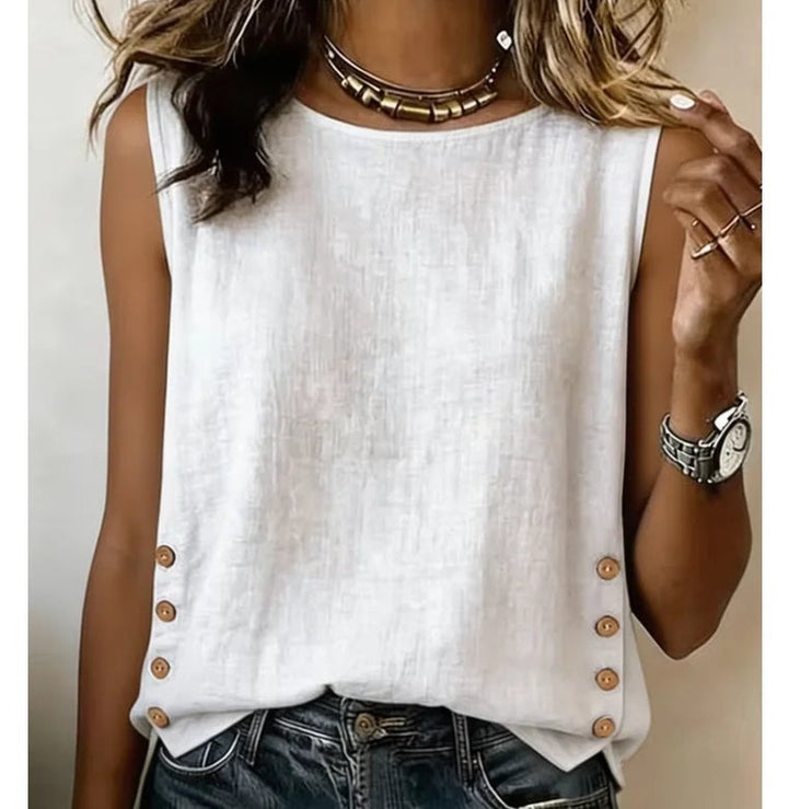 Linen Tank Top with Side Buttons in white