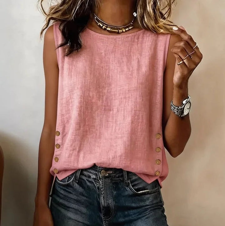 Linen Tank Top with Side Buttons in pink