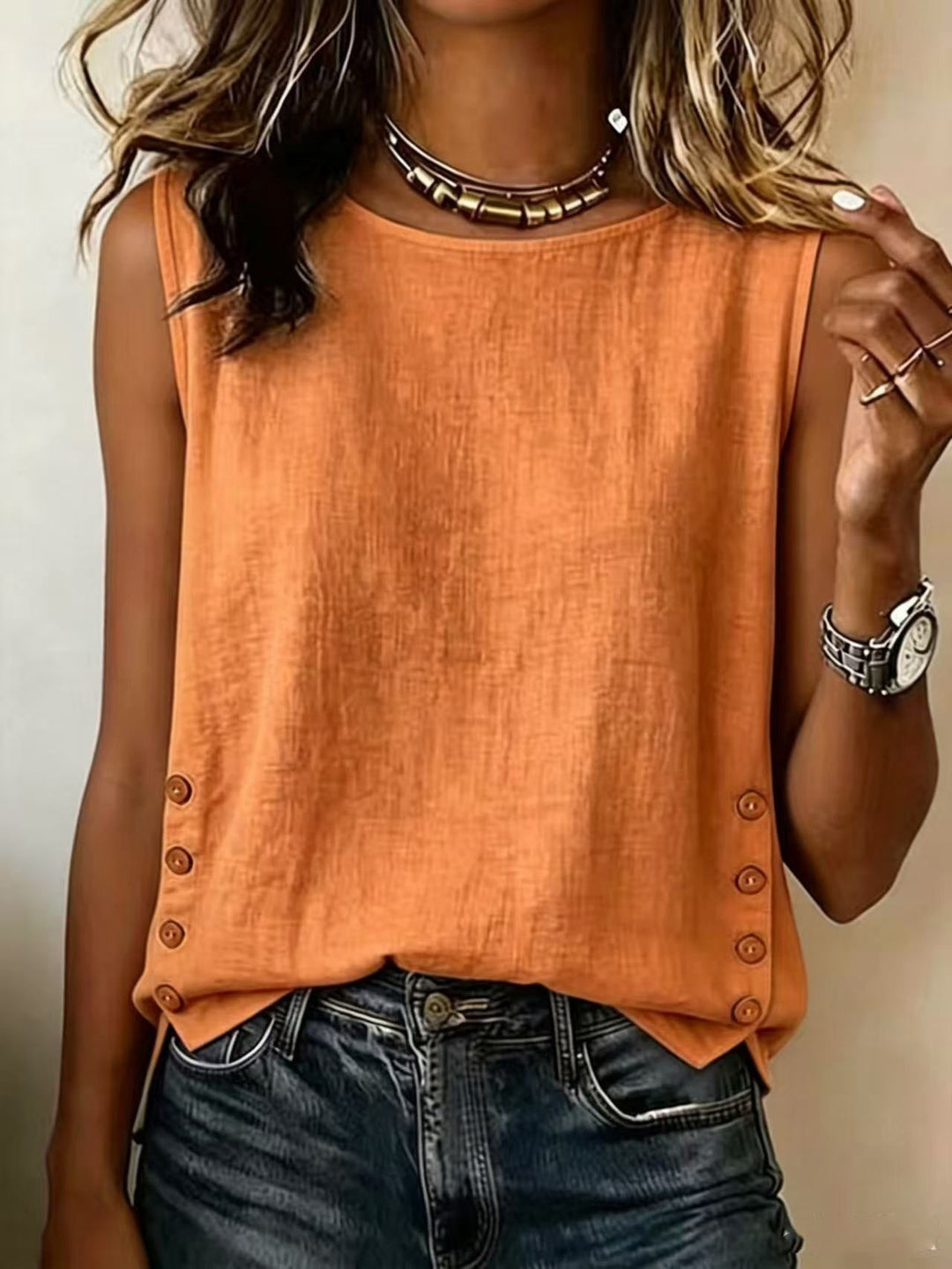 Linen Tank Top with Side Buttons in orange